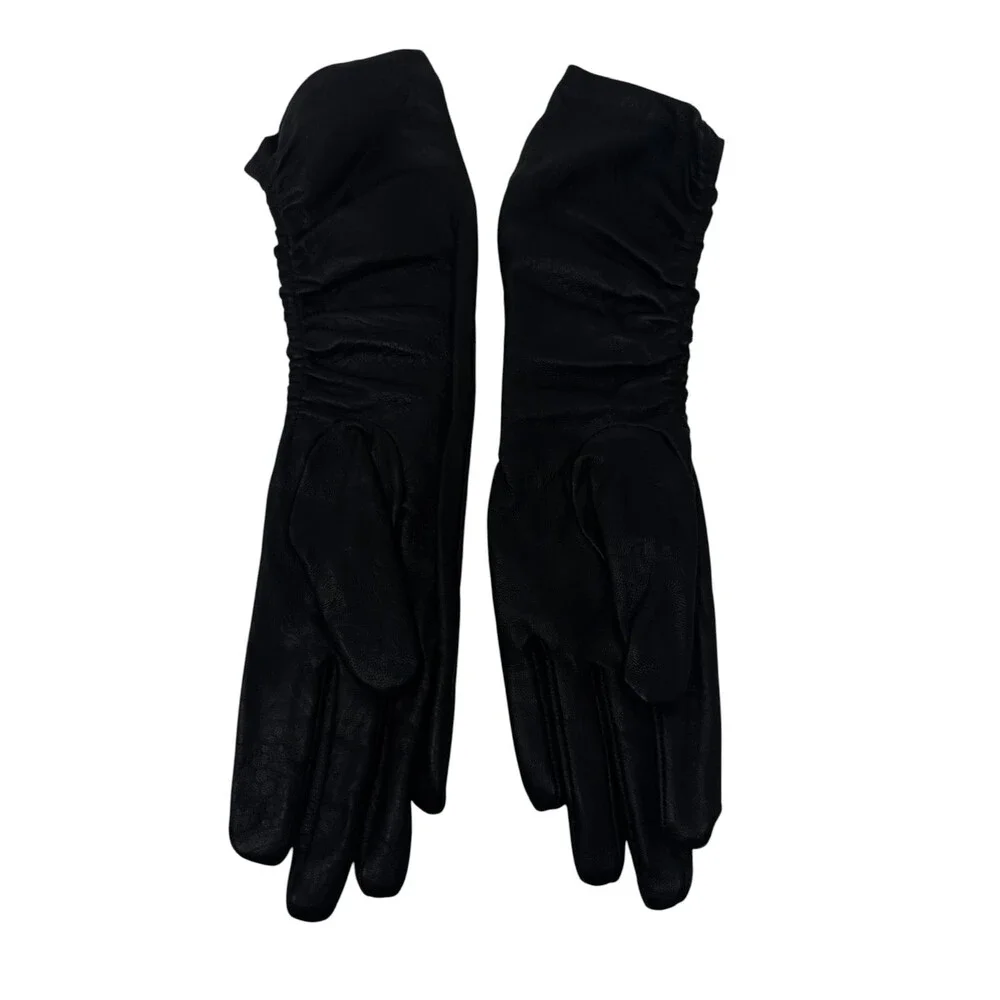 Adolfo Dominguez Black Ruched Leather Long Gloves womens Size 7½